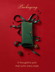 Green leather pouch with decorative ribbons