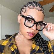 Model Wearing Blue Light Blocking Glasses at home